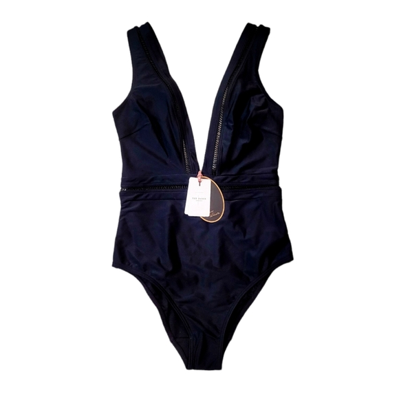 NWT Ted Baker Pointelle Deep V Plunge Swimsuit in Black 4 - Picture 3 of 11
